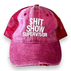 Sh*t Show Supervisor Red Distressed Trucker Hat Adjustable Mesh Back Cotton Blen